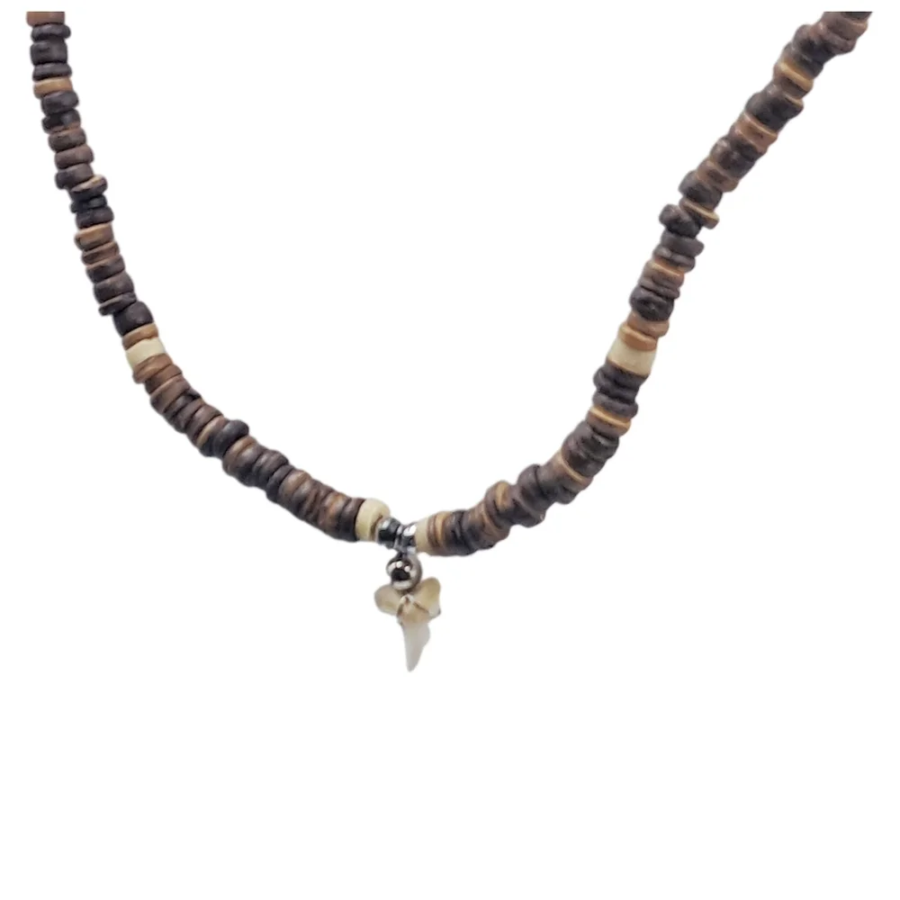 Shark Tooth Pendant Necklace with Wooden Disc Beads – 20.5